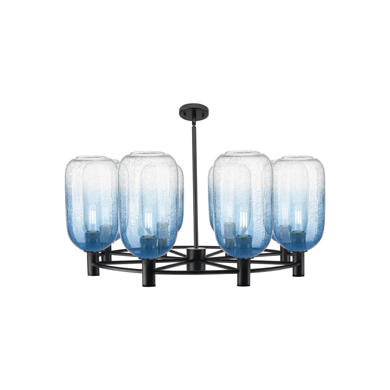 Innovations Brookhaven Cloche 37in 8-Light Chandelier | Industrial Matte Black and Sapphire Blue Glass | Dining Room | Model 434-8CR-BK-G482-7SB