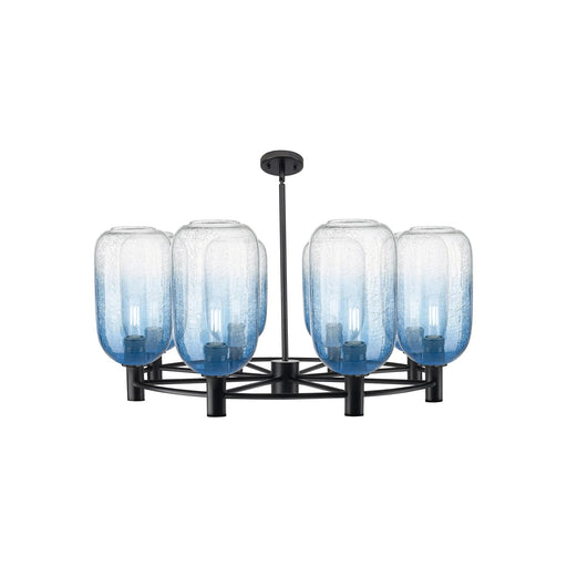 Innovations Brookhaven Cloche 37in 8-Light Chandelier | Industrial Matte Black and Sapphire Blue Glass | Dining Room | Model 434-8CR-BK-G482-7SB