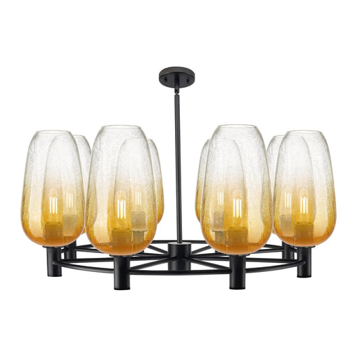 Innovations Brookhaven Flute 37in 8-Light Chandelier | Industrial Matte Black and Amber Glass | Dining Room & Kitchen | Model 434-8CR-BK-G484-7AM