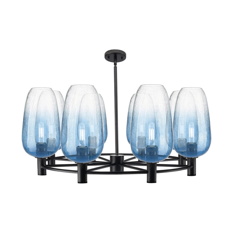 Innovations Brookhaven Flute 37in 8-Light Chandelier | Industrial Matte Black and Sapphire Blue Glass | Dining Room | Model 434-8CR-BK-G484-7SB