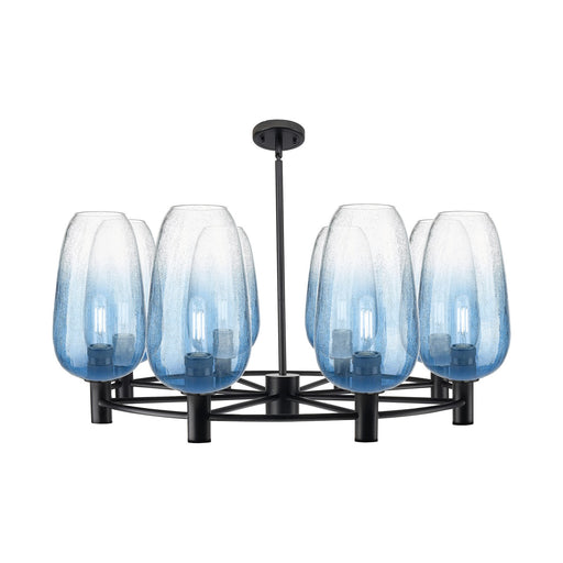 Innovations Brookhaven Flute 37in 8-Light Chandelier | Industrial Matte Black and Sapphire Blue Glass | Dining Room | Model 434-8CR-BK-G484-7SB