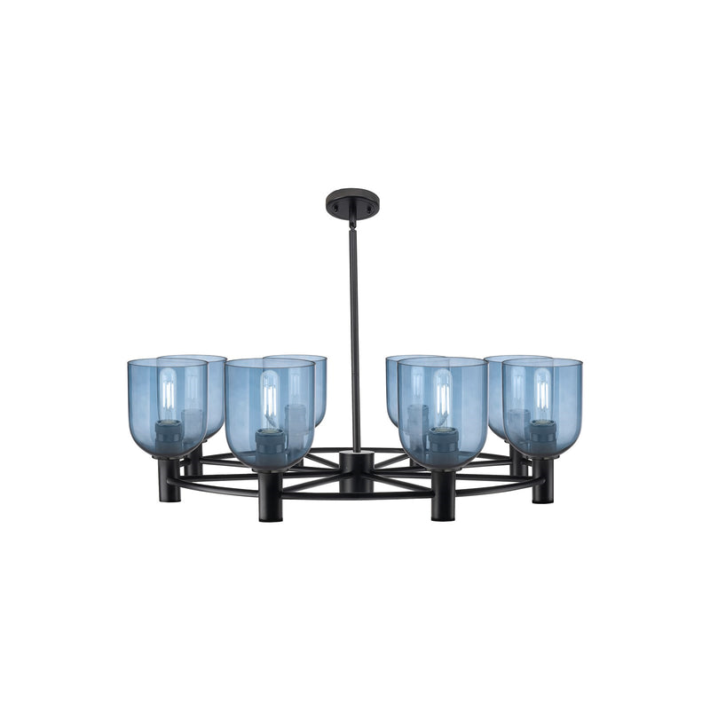 Innovations Bella 35in 8-Light Chandelier | Industrial Matte Black and Blue Glass | Dining Room & Kitchen Island | Model 434-8CR-BK-G558-6BL