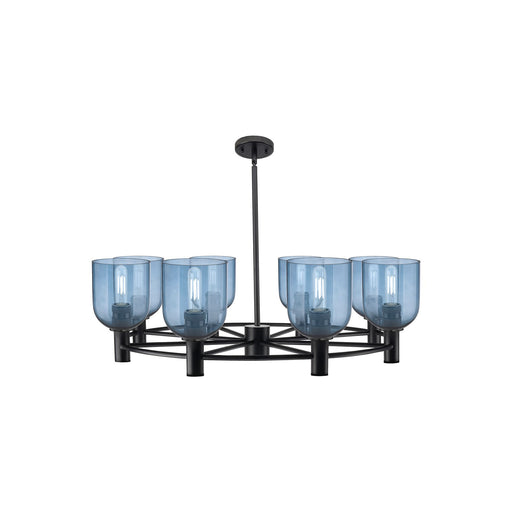 Innovations Bella 35in 8-Light Chandelier | Industrial Matte Black and Blue Glass | Dining Room & Kitchen Island | Model 434-8CR-BK-G558-6BL