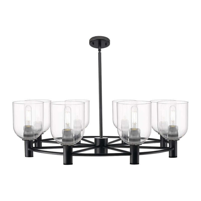 Innovations Bella 35in 8-Light Chandelier | Industrial Matte Black and Clear Glass | Dining Room & Kitchen Island | Model 434-8CR-BK-G558-6CL