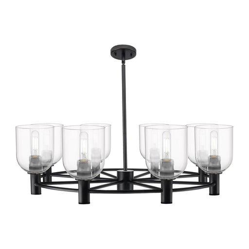 Innovations Bella 35in 8-Light Chandelier | Industrial Matte Black and Clear Glass | Dining Room & Kitchen Island | Model 434-8CR-BK-G558-6CL