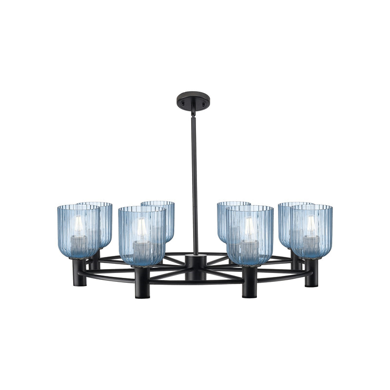 Innovations Crown Point 34.625in 8-Light Chandelier | Industrial Matte Black and Princess Blue Glass | Dining Room | Model 434-8CR-BK-G559-5BL