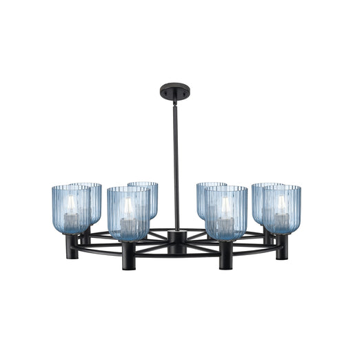 Innovations Crown Point 34.625in 8-Light Chandelier | Industrial Matte Black and Princess Blue Glass | Dining Room | Model 434-8CR-BK-G559-5BL