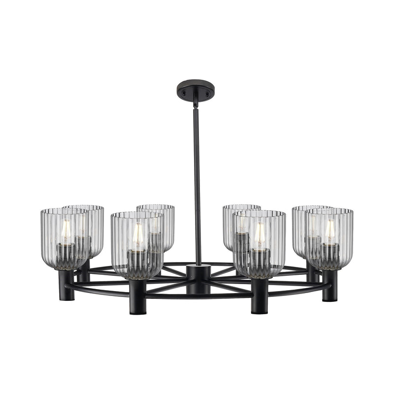 Innovations Crown Point 35in 8-Light Chandelier | Industrial Matte Black and Light Smoke Glass | Dining Room & Kitchen | Model 434-8CR-BK-G559-5SM