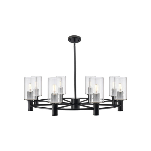 Innovations Clymer 34in 8-Light Chandelier | Industrial Matte Black and Clear Glass | Dining Room & Foyer | Model 434-8CR-BK-G802