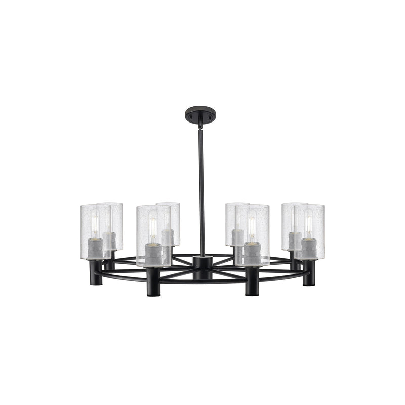 Innovations Clymer 34in 8-Light Chandelier | Industrial Matte Black and Seedy Glass | Dining Room & Foyer | Model 434-8CR-BK-G804