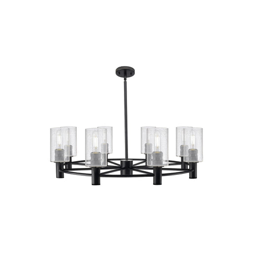 Innovations Clymer 34in 8-Light Chandelier | Industrial Matte Black and Seedy Glass | Dining Room & Foyer | Model 434-8CR-BK-G804