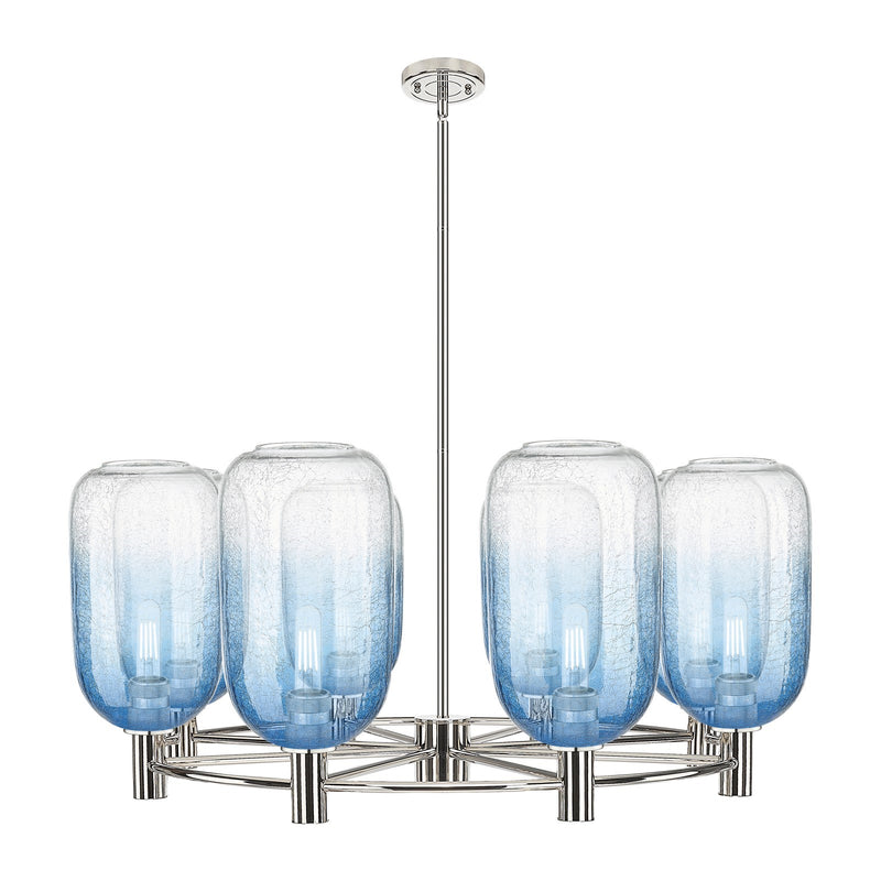 Innovations Brookhaven Cloche 36in 8-Light Chandelier | Industrial Polished Nickel and Sapphire Blue Glass | Dining Room | Model 434-8CR-PN-G482-7SB