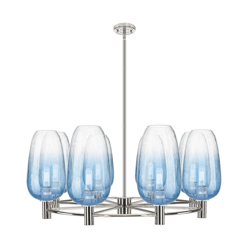 Innovations Brookhaven Flute 37in 8-Light Chandelier | Industrial Polished Nickel and Sapphire Blue Glass | Dining Room | Model 434-8CR-PN-G484-7SB