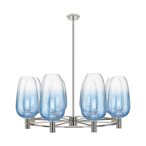 Innovations Brookhaven Flute 37in 8-Light Chandelier | Industrial Polished Nickel and Sapphire Blue Glass | Dining Room | Model 434-8CR-PN-G484-7SB