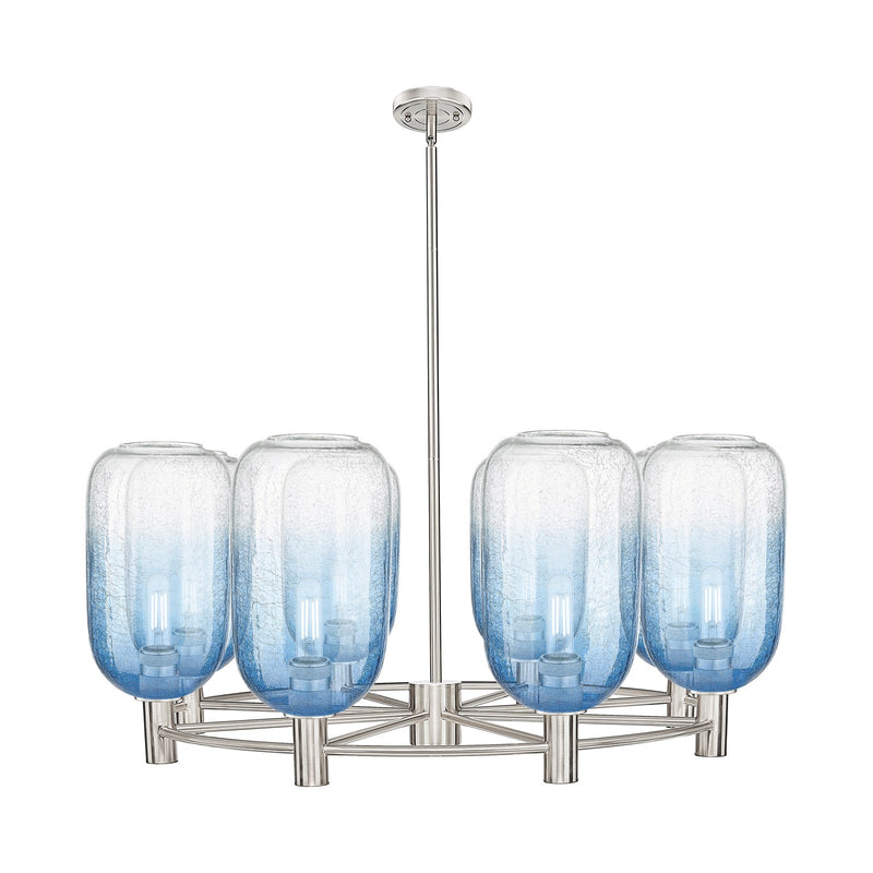 Innovations Brookhaven Cloche 36in 8-Light Chandelier | Industrial Satin Nickel and Sapphire Blue Glass | Dining Room | Model 434-8CR-SN-G482-7SB
