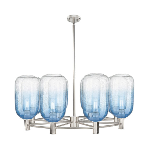 Innovations Brookhaven Cloche 36in 8-Light Chandelier | Industrial Satin Nickel and Sapphire Blue Glass | Dining Room | Model 434-8CR-SN-G482-7SB