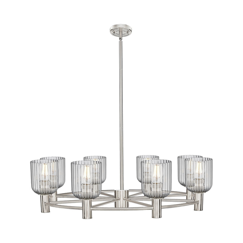Innovations Crown Point 35in 8-Light Chandelier | Industrial Satin Nickel and Light Smoke Glass | Dining Room & Foyer | Model 434-8CR-SN-G559-5SM