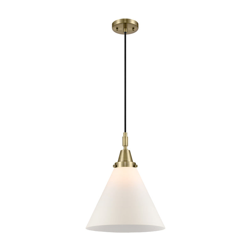 Innovations Cone 12in 1-Light Cord Hung Mini Pendant | Industrial Antique Brass and Matte White Glass | Kitchen Island | Model 447-1P-AB-G41-L