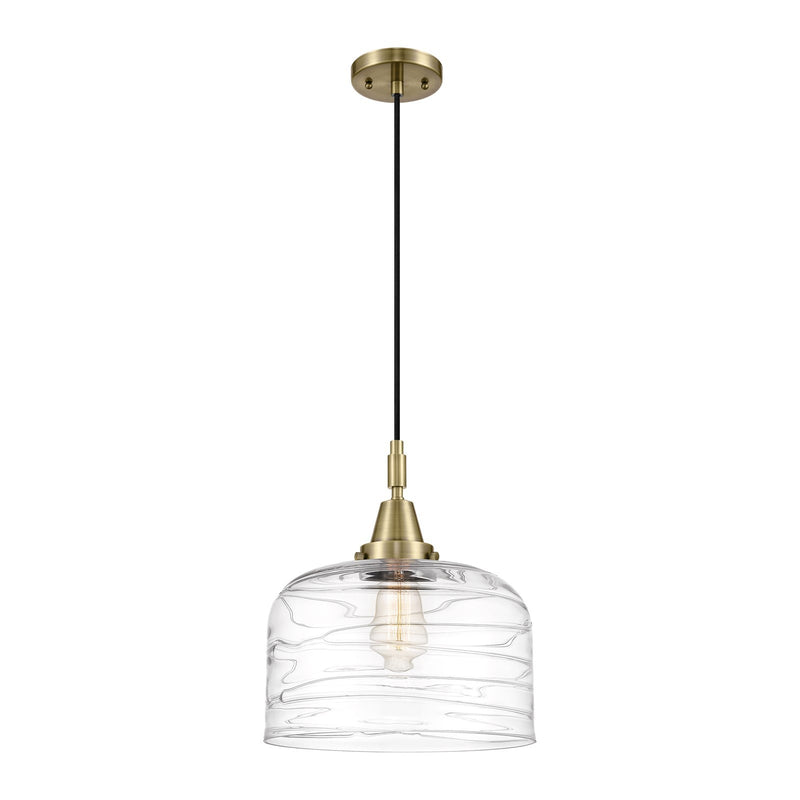 Innovations Bell 12in 1-Light Mini Pendant | Industrial Antique Brass and Clear Deco Swirl Glass | Kitchen Island & Dining | Model 447-1P-AB-G713-L