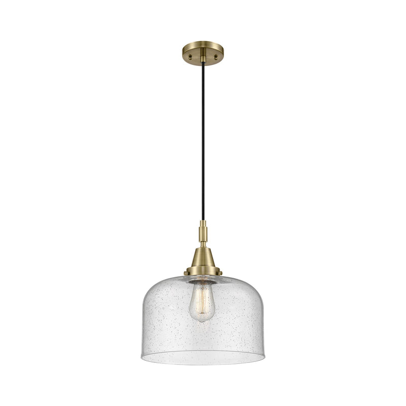Innovations Bell 12in 1-Light Mini Pendant | Industrial Antique Brass and Seedy Glass | Kitchen Island & Dining Room | Model 447-1P-AB-G74-L
