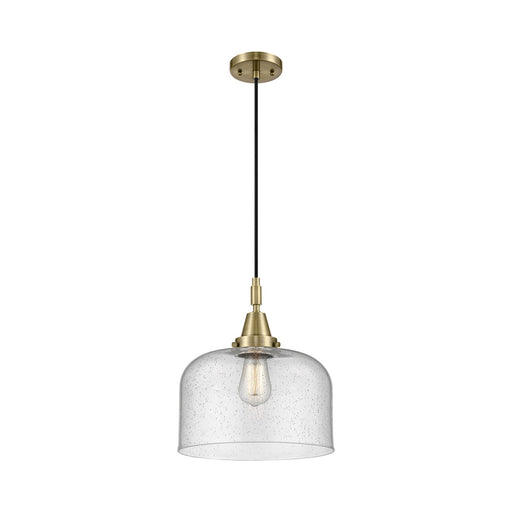 Innovations Bell 12in 1-Light Mini Pendant | Industrial Antique Brass and Seedy Glass | Kitchen Island & Dining Room | Model 447-1P-AB-G74-L