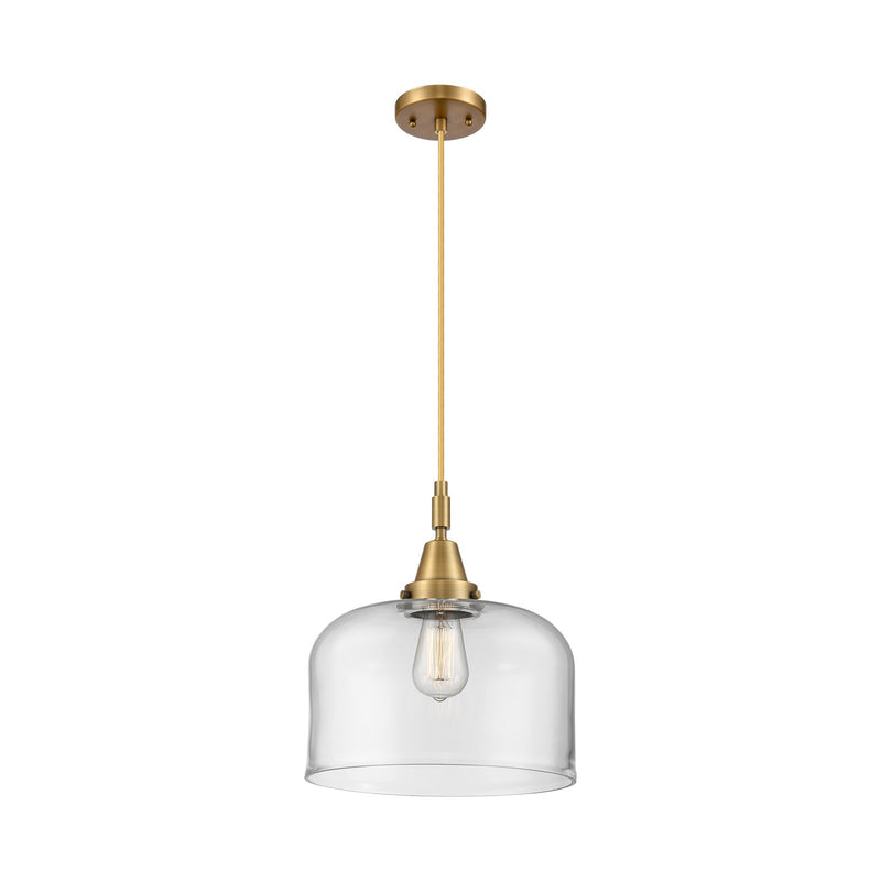 Innovations Bell 12in 1-Light Mini Pendant | Industrial Brushed Brass and Clear Glass | Kitchen Island & Dining Room | Model 447-1P-BB-G72-L