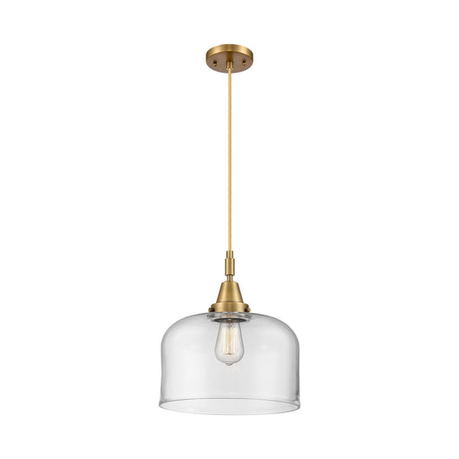 Innovations Bell 12in 1-Light Mini Pendant | Industrial Brushed Brass and Clear Glass | Kitchen Island & Dining Room | Model 447-1P-BB-G72-L