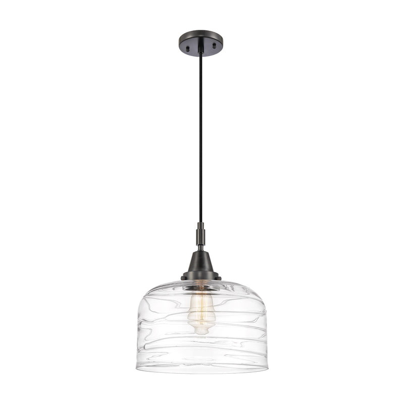 Innovations Bell 12in 1-Light Mini Pendant | Industrial Matte Black and Clear Deco Swirl Glass | Kitchen Island & Dining | Model 447-1P-BK-G713-L