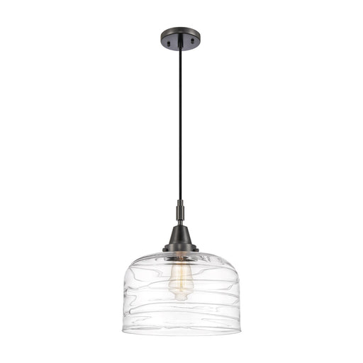 Innovations Bell 12in 1-Light Mini Pendant | Industrial Matte Black and Clear Deco Swirl Glass | Kitchen Island & Dining | Model 447-1P-BK-G713-L