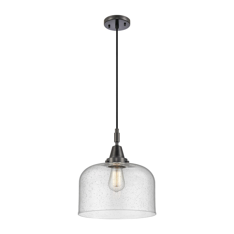 Innovations Bell 12in 1-Light Mini Pendant | Industrial Matte Black and Seedy Glass | Kitchen Island & Dining Room | Model 447-1P-BK-G74-L