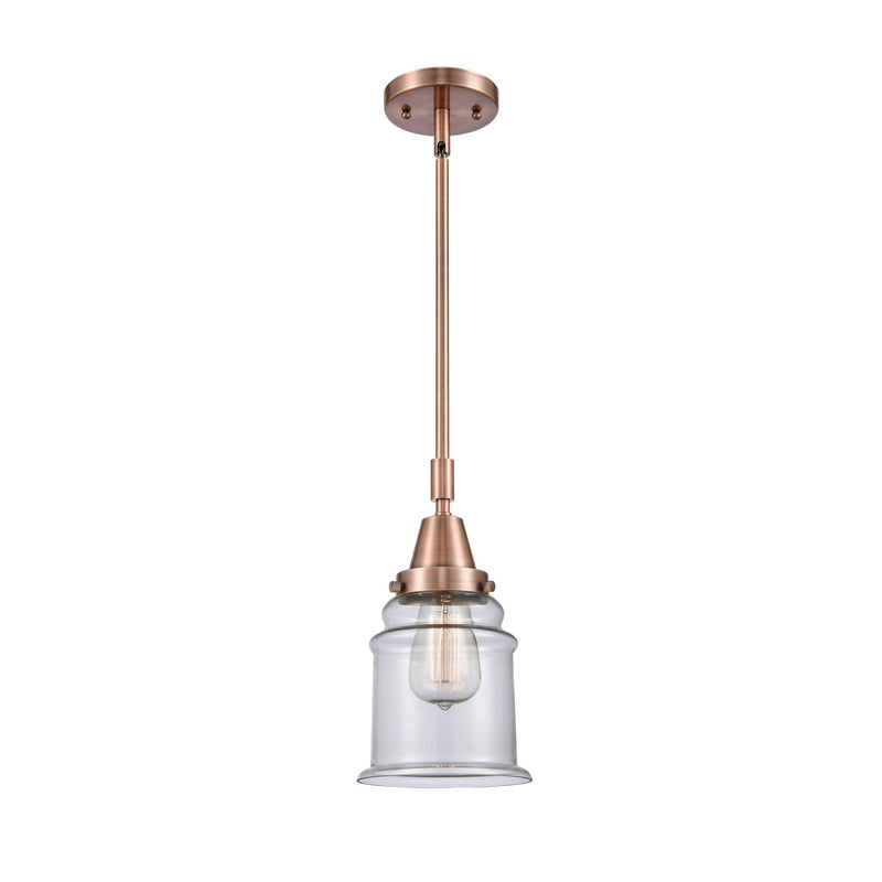 Innovations Lighting Canton 7in 1-Light Mini Pendant | Industrial Antique Copper Steel and Clear Glass | Kitchen Island & | Model 447-1S-AC-G182-LED