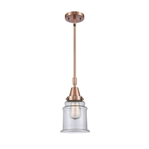 Innovations Lighting Canton 7in 1-Light Mini Pendant | Industrial Antique Copper Steel and Clear Glass | Kitchen Island & | Model 447-1S-AC-G182-LED