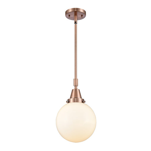 Innovations Franklin Restoration Beacon 8in 1-Light Mini Pendant | Industrial Antique Copper Steel and Matte White Frosted Glass | Model 447-1S-AC-G201-8