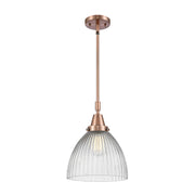 Innovations Lighting Seneca Falls 9.5in 1-Light Mini Pendant | Industrial Antique Copper Steel and Clear Halophane Glass | Model 447-1S-AC-G222-LED