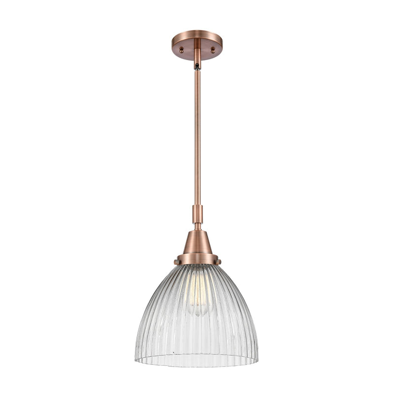 Innovations Lighting Seneca Falls 9.5in 1-Light Mini Pendant | Industrial Antique Copper Steel and Clear Halophane Glass | Model 447-1S-AC-G222-LED