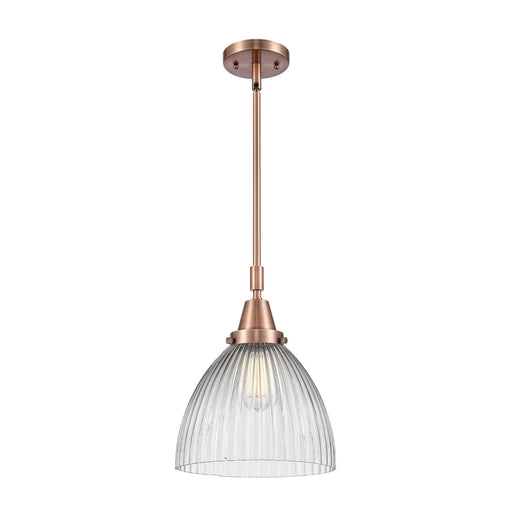 Innovations Lighting Seneca Falls 9.5in 1-Light Mini Pendant | Industrial Antique Copper Steel and Clear Halophane Glass | Model 447-1S-AC-G222-LED