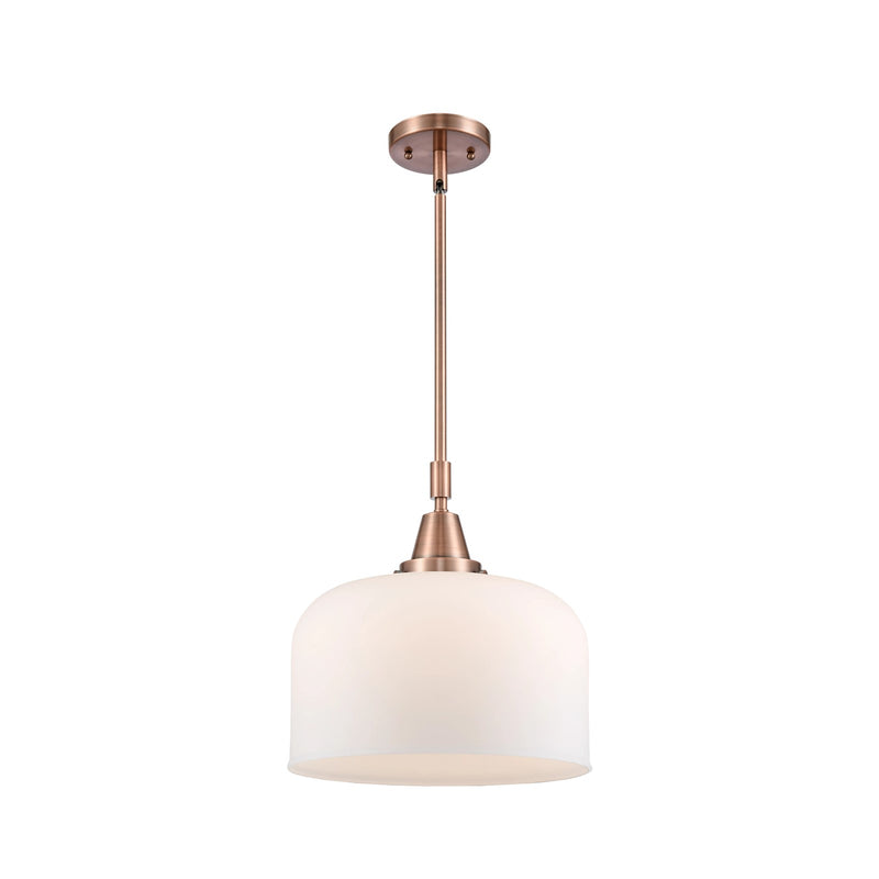 Innovations Lighting Bell 12in 1-Light Mini Pendant | Industrial Antique Copper Steel and Matte White Frosted Glass | Kitchen | Model 447-1S-AC-G71-L-LED