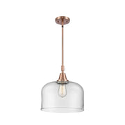 Innovations Lighting Bell 12in 1-Light Mini Pendant | Industrial Antique Copper and Clear Glass | Kitchen Island & Dining Room | Model 447-1S-AC-G72-L-LED