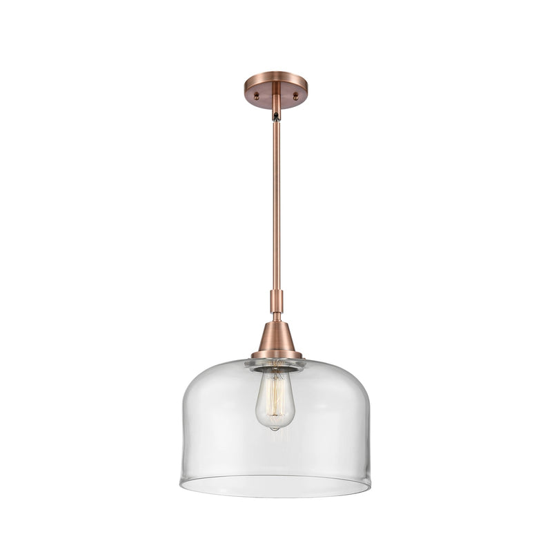 Innovations Lighting Bell 12in 1-Light Mini Pendant | Industrial Antique Copper and Clear Glass | Kitchen Island & Dining Room | Model 447-1S-AC-G72-L-LED