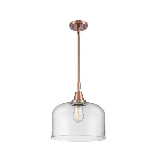 Innovations Lighting Bell 12in 1-Light Mini Pendant | Industrial Antique Copper and Clear Glass | Kitchen Island & Dining Room | Model 447-1S-AC-G72-L-LED