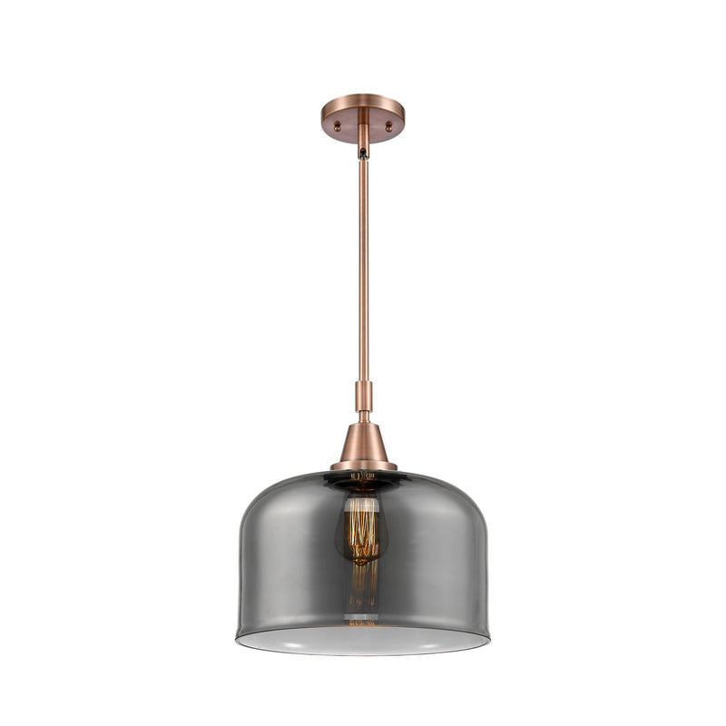 Innovations Lighting Bell 12in 1-Light Mini Pendant | Industrial Antique Copper Steel and Light Smoke Glass | Kitchen Island & | Model 447-1S-AC-G73-L-LED
