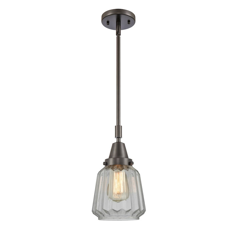 Innovations Chatham 1-Light 9in Mini Pendant | Industrial Oil Rubbed Bronze Steel and Clear Ribbed Glass | Kitchen Island & Dining | Model 447-1S-OB-G142