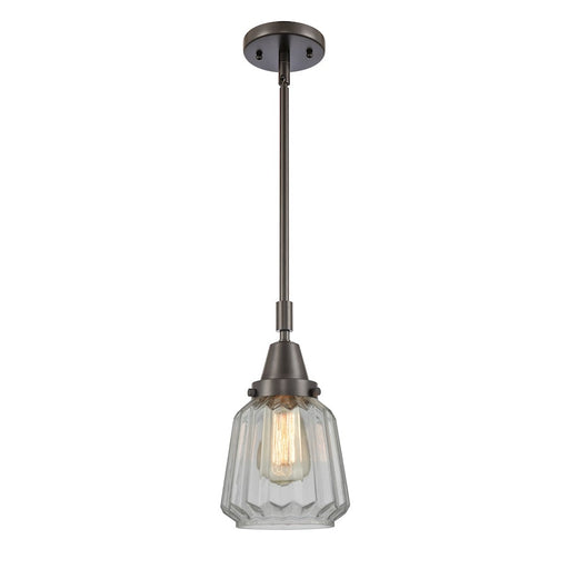 Innovations Chatham 1-Light 9in Mini Pendant | Industrial Oil Rubbed Bronze Steel and Clear Ribbed Glass | Kitchen Island & Dining | Model 447-1S-OB-G142