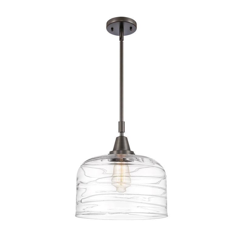 Innovations Lighting Bell 12in 1-Light Mini Pendant | Industrial Oil Rubbed Bronze Steel and Clear Deco Swirl Glass | Kitchen | Model 447-1S-OB-G713-L-LED