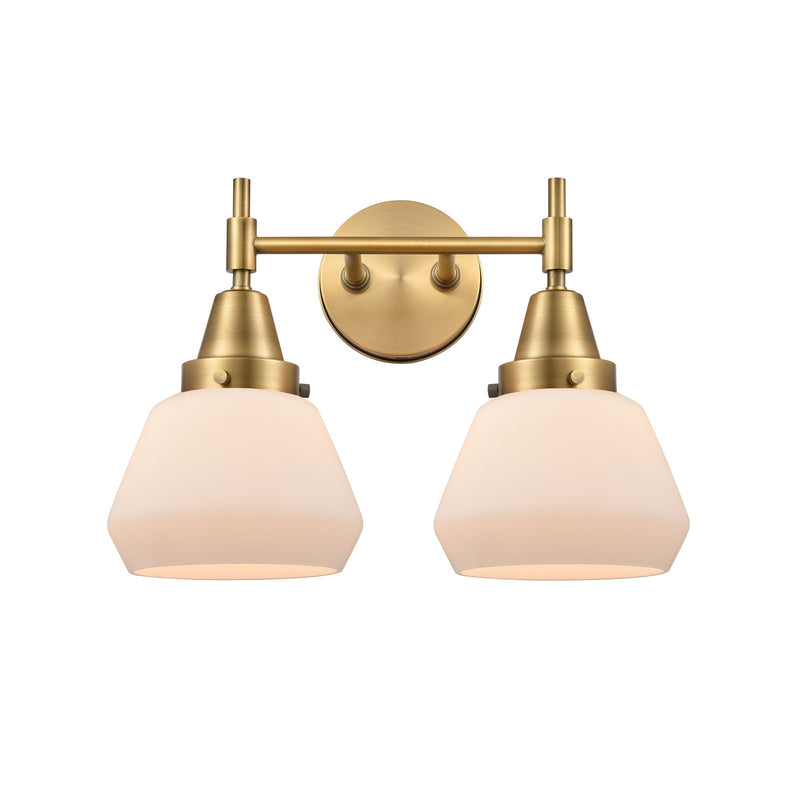 Innovations Fulton 16in 2-Light Bath Vanity Light | Retro Industrial Brushed Brass and Matte White Glass | Bathroom Vanity | Model 447-2W-BB-G171