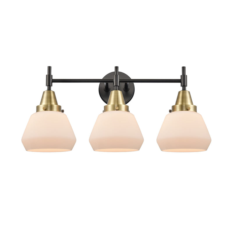 Innovations Fulton 25in 3-Light Bath Vanity | Retro Industrial Black Antique Brass and Matte White Glass | Bathroom Vanity | Model 447-3W-BAB-G171