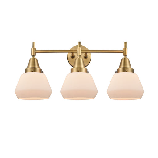 Innovations Fulton 25in 3-Light Bath Vanity | Retro Industrial Brushed Brass and Matte White Glass | Bathroom Vanity | Model 447-3W-BB-G171