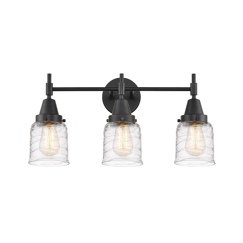 Innovations Lighting Caden 23in 3-Light Vanity Light | Retro Industrial Matte Black and Deco Swirl Glass | Bathroom Vanity | Model 447-3W-BK-G513