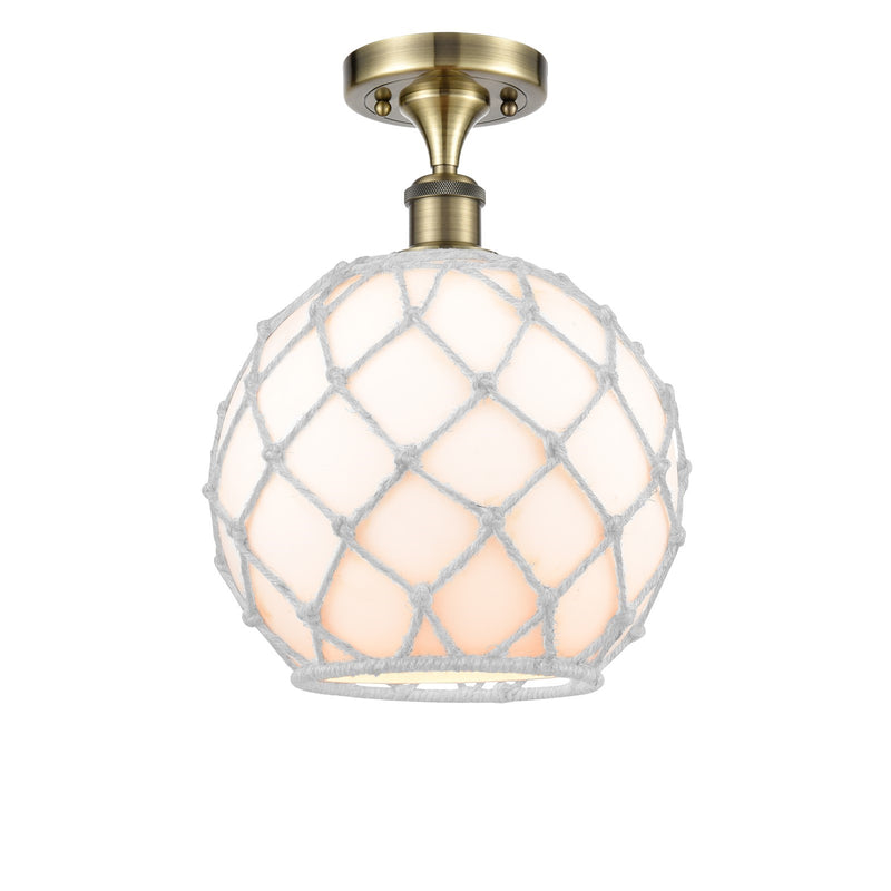 Innovations Farmhouse Rope 10in 1-Light Semi-Flush | Industrial Antique Brass and White Glass with Rope | Entryway | Model 516-1C-AB-G121-10RW