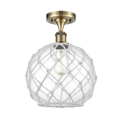 Innovations Farmhouse Rope 10in 1-Light Semi-Flush | Industrial Antique Brass and Clear Glass White Rope | Kitchen | Model 516-1C-AB-G122-10RW